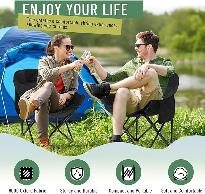 2 Pack Compact Camping Chairs Portable Folding for Outside with Carry Bag Lightweight Moon Chairs for Travel Picnic Hiking Beach Fishing, 600D Oxford, Supports 330lbs(Black)