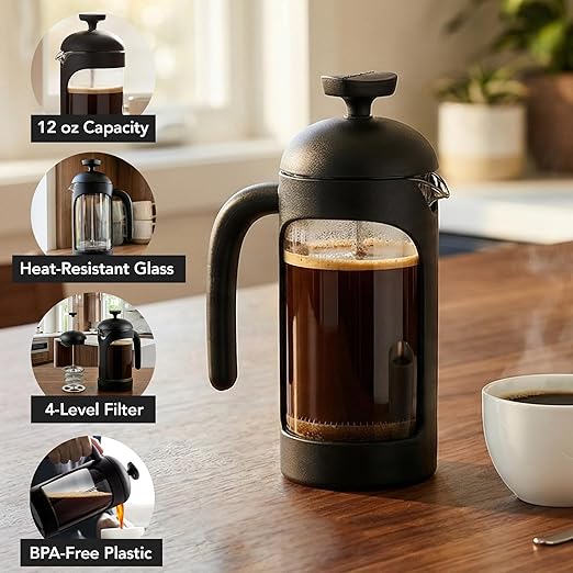 OVENTE French Press Coffee Maker 12 Ounce with Heat Resistant Borosilicate Glass & Stainless Steel 4-Level Filtration System, Portable Cold Brew Coffee Maker for Travel, Camping or Gift, Black FPB12B