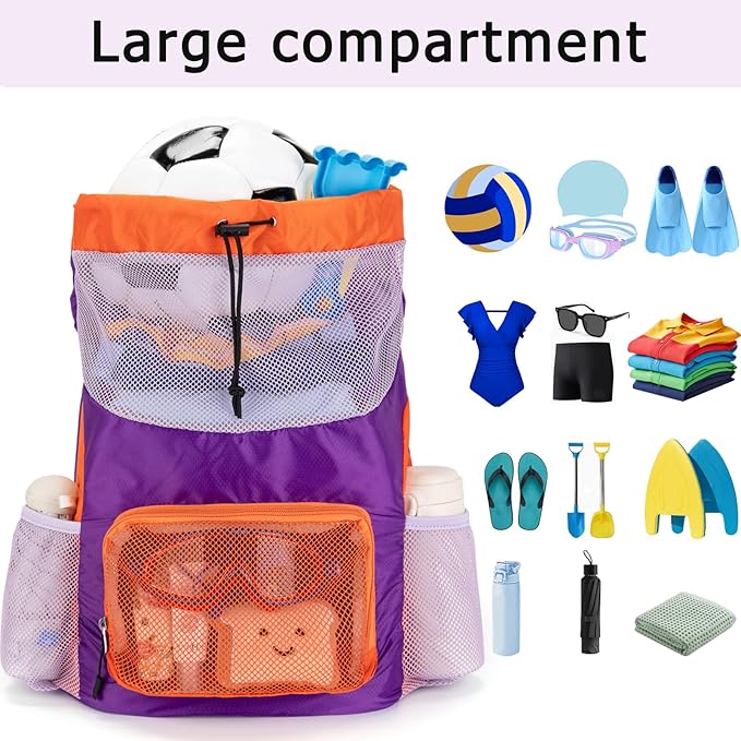 Swim Bag for Kids Mesh Beach Backpack for Boys Lightweight Drawstring Beach Bag Swimming Pool Sports Gym String Bag (Purple-Orange)