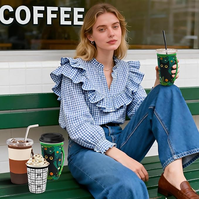 KJQJLY 3 Pack Reusable Iced Coffee Sleeves for Iced Coffee Cups or Drinks Reusable Neoprene Insulated Sleeves for Hot and Cold Drinks from Starbucks, Dunkin, And More (Black Cat)
