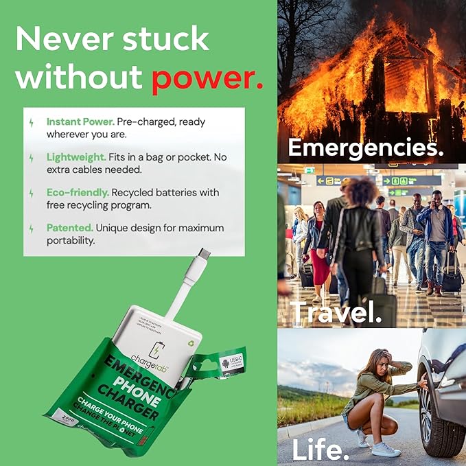 ChargeTab Emergency Portable USB-C Charger – Pre-Charged 3000mAh, Slim & Light, Up to 2-Year Shelf, Compatible w/iPhone 15/16 & Android USB-C Devices (10 Pack)