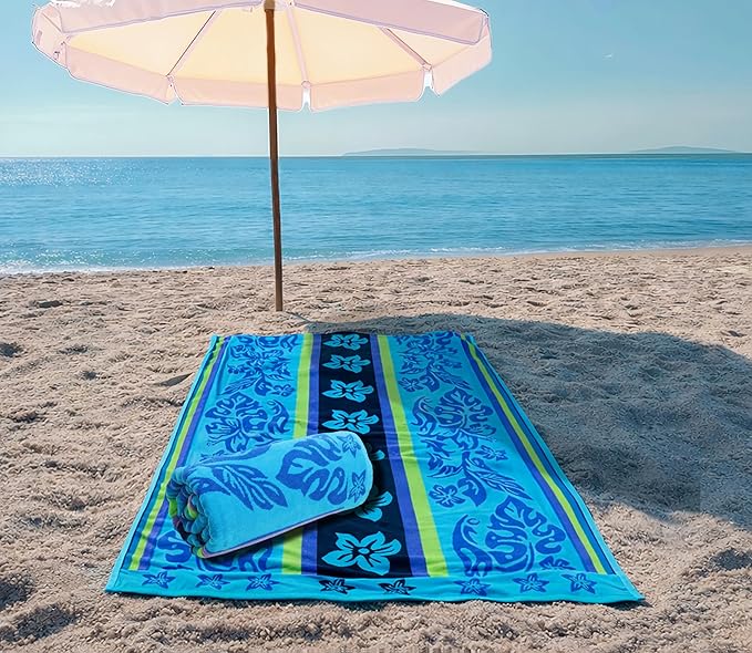 COTTON CRAFT Oversized Beach Towel - 2 Pack XL 39 x 68 inches Big & Huge Beach Blanket Towel - 100% Cotton Jacquard Velour - Super Soft Luxury - Pool Picnic Bath - Tropical Hibiscus Aqua Blue Purple