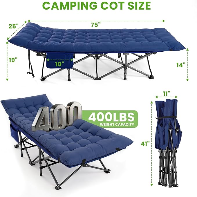 Camping Cot, Folding Camp Cot for Adults, Portable Outdoor Cot with Carry Bag & Mattress, Fast Setup, Lightweight Compact Bed for Travel, Home Office Nap (Blue)