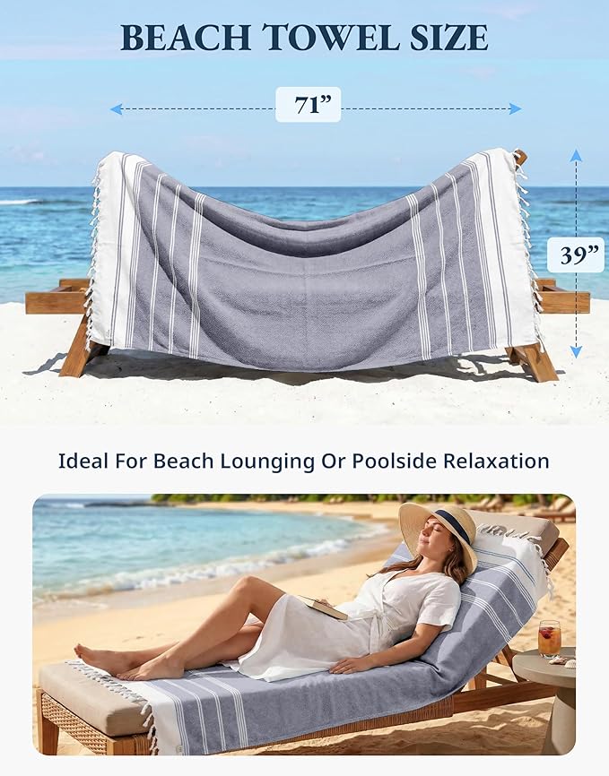 LANE LINEN Beach Towel 2 Pack - Beach Towels Oversized, Pre-Washed Large Beach Towels, Sandless Beach Towel, Quick Dry Travel Towel, Large Pool Towels, 39"x71" - Navy Blazer