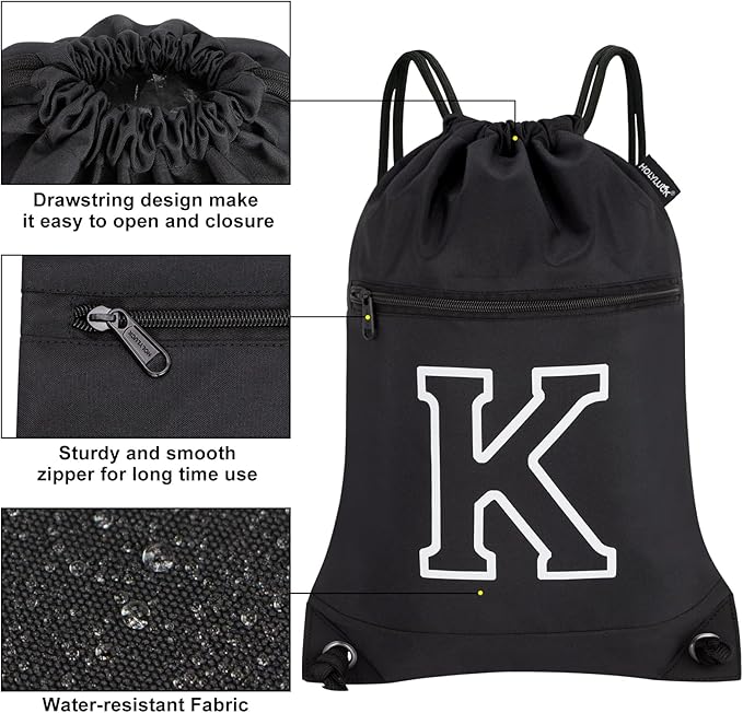 HOLYLUCK Drawstring Bags Initial Backpack Sackpack Cinch Bags for Sports, Gym, Travel, Beach(Black-K)