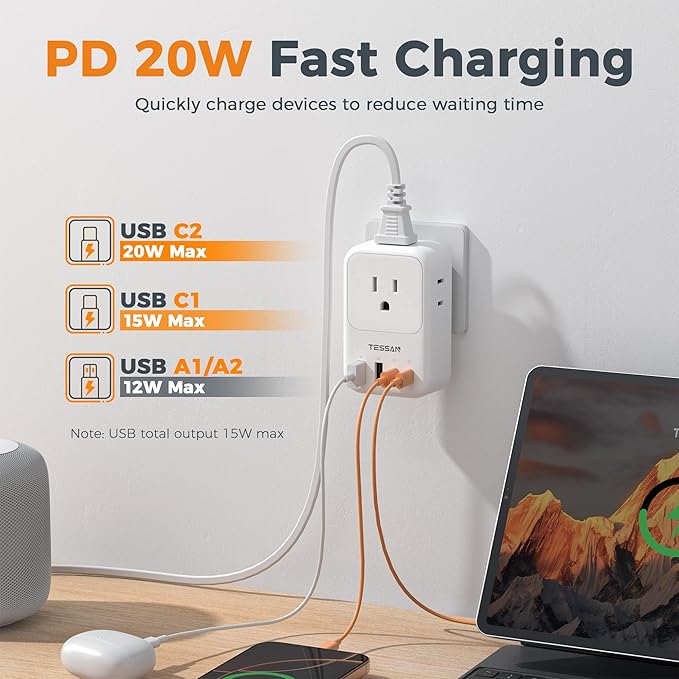 TESSAN USB C Charger Block 20W PD, Fast Charging Adapter with Foldable Plug, 1875W Power Outlet Extender(4 AC and 4 USB) for Cruise, Home, Office, Dorm Room Essentials, White