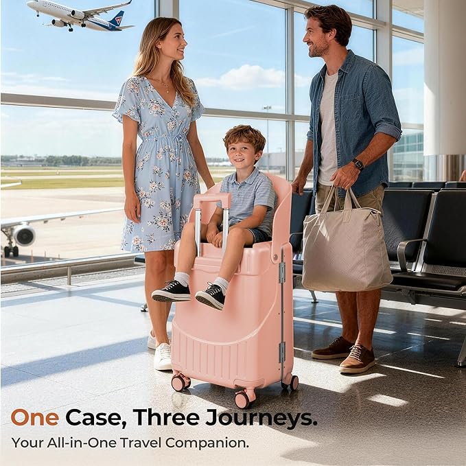 20" Ride-On Luggage with Child Seat, Hardside Carry-On Suitcase with Shockproof 360° Silent Spinner Wheels, TSA Lock, Kids & Adults & Busy Moms