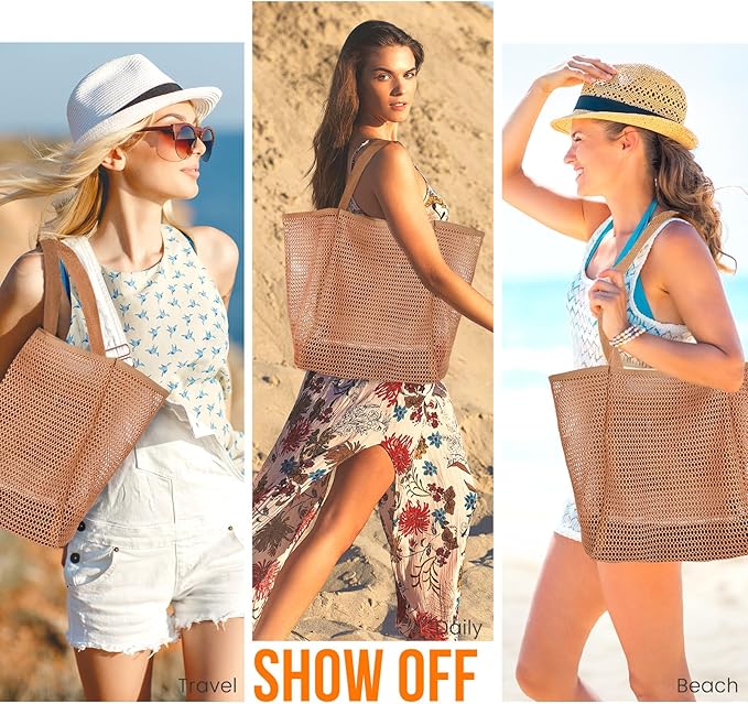 HOHOM Beach Bags for Women, Summer Travel Mesh Tote Bag with Large Inner Pocket, Sandproof Woven Shoulder Handbag