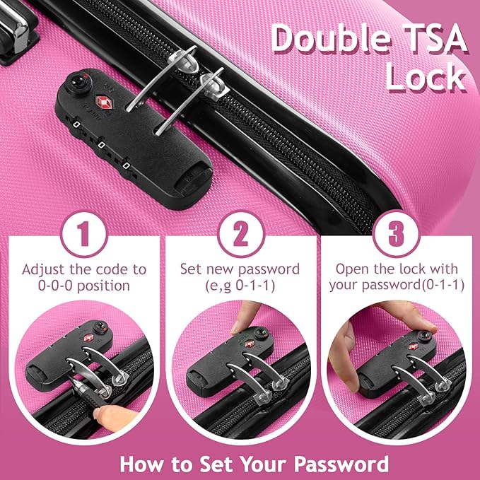 3 Piece Luggage Sets, Lightweight ABS Suitcase with 4 Spinner Wheels ＆ TSA Locks, Hardside Carry On Luggage Durable Suitcase Set for Family Travel Business - Pink, 20/24/28