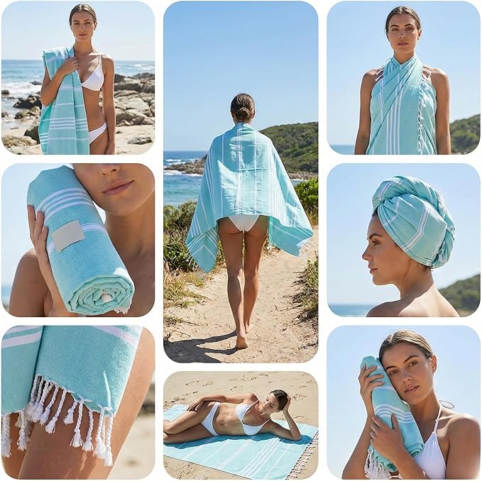Cotton Turkish Beach Towel with Towels Oversized 36"x72" Pool Absorbent Extra Large Quick Dry Sand Travel Towel (Aqua Satin, 2 Pack)