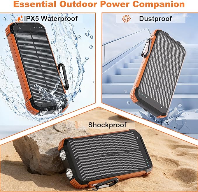 Power Bank Portable Solar Charger, Wireless Fast Charging Battery Pack, 20000mAh Capacity USB-C Input, 6 Outputs, Dual LED Flashlight, USB Battery Pack for Cell Phone Camping Travel Emergency (Orange)