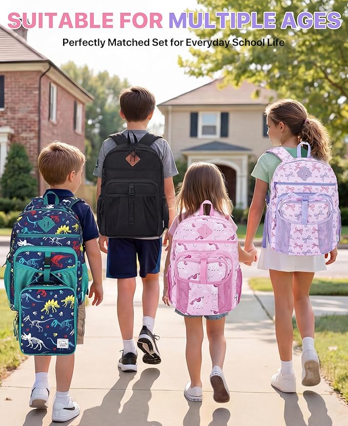 VASCHY Girl Kids Backpack & Lunch Bag Set, 2-in-1 School Bookbag with Insulated Lunch Box for Preschool, Daycare, Kindergarten & Elementary School – Pink Bow