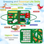 Esjay Toddler Busy Board Montessori Toys for Boys and Girls, Sensory Book Educational Activities for Learning Fine Motor Skills, Birthday Gifts Toddlers, Travel Toys for Airplane Car, Green Dinosaur