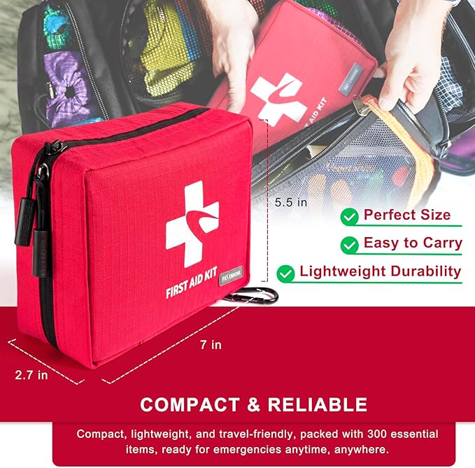 300 Piece First Aid Kit, Compact Waterproof First Aid Bag with 9 Organized Compartments, Portable Emergency Supplies Kit for Outdoor, Camping, Hiking, Car, Home, Travel, Office