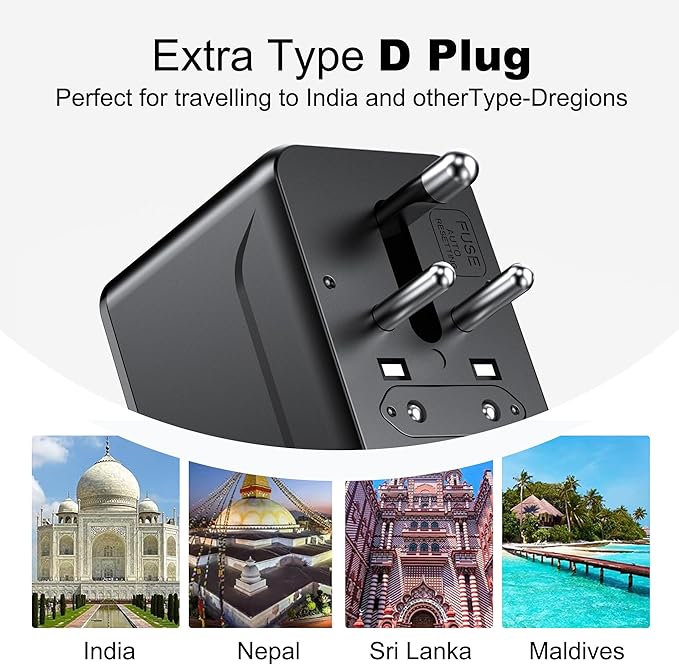 VYLEE Universal Travel Adapter, Type D/G/C/I/A International Adaptor with 2 USB C 2 USB A, Worldwide Charger for Europe UK Maldives Sri Lanka India Nepal Ghana Zimbabwe Tanzania Nigeria (Black)