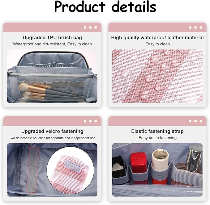 BOYATU Travel Makeup Bag Organizer Cosmetic Bag: 3 Pcs Set Make up Bags for Women with Handle - Waterproof Vegan Leather Toiletry Bags Travel Essentials Pouch with Compartments (F-03-Pink)