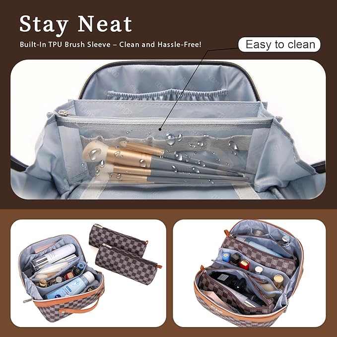 BOYATU Travel Makeup Bag Organizer Cosmetic Bag: 3 Pcs Set Make up Bags for Women with Handle - Waterproof Vegan Leather Toiletry Bags Travel Essentials Pouch with Compartments (H-01-Brown)