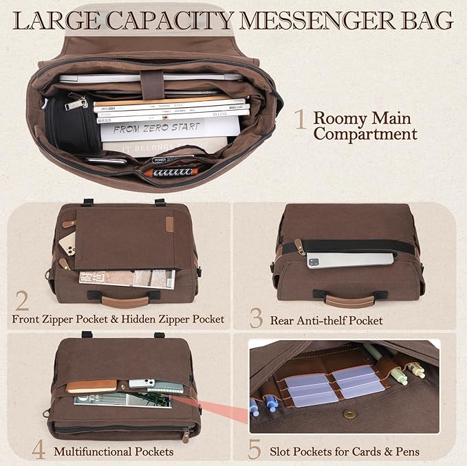 RAINSMORE Messenger Bag for Men 17-17.3 Inch Laptop Bag Water-resistant Canvas Computer Shoulder Bag Office Work Briefcase Large Casual Satchel Bags for Men Bookbag for College, Coffee
