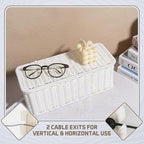 Cable Management Box, Handmade Rattan Cable Organizer with 2 Open Slots, Cord Hider for Power Strip, Router & USB Hub, Registered U.S. Design Patent (D1,112,102), 13" x 5.1" x 5.1", White
