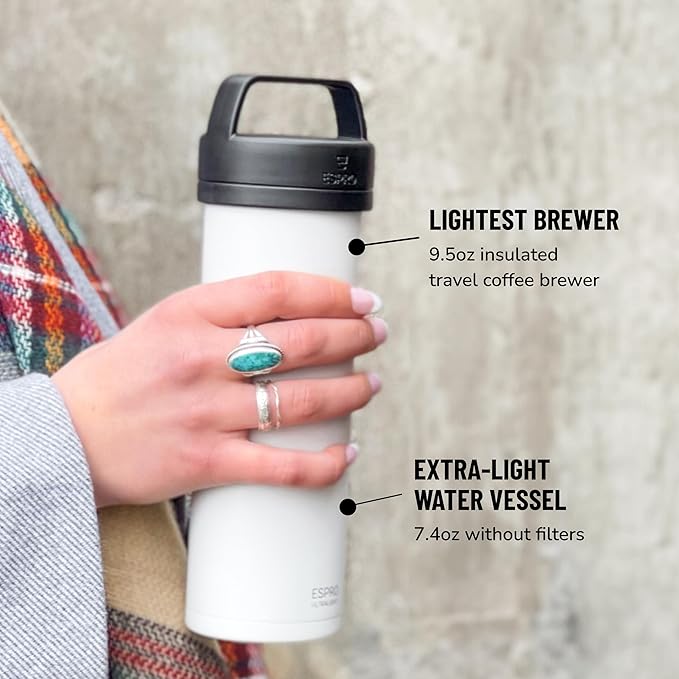 ESPRO Go P0 Ultralight French Press Coffee Maker for Travel, Vacuum Insulated Stainless Steel, 16 Ounces, Chalk White