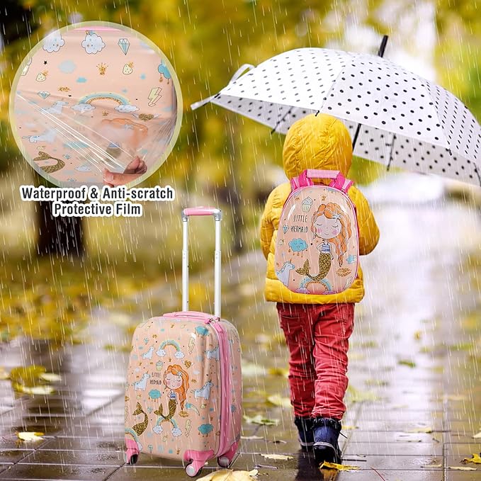 BABY JOY 2 PC Kids Carry On Luggage Set, 18" Toddler Trolley Case & 12" Backpack with Hard Shell & Rolling Wheel Design, Kids Suitcase for Boys Girls (Mermaid)