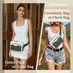 RAINSMORE Fanny Packs for Women, Leather Belt Bag Waterproof Everywhere Crossbody Waist Pack with Adjustable Strap Retro Sling Chest Bag for Work Running Travel Party, Dark Green with White