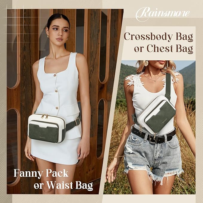 RAINSMORE Fanny Packs for Women, Leather Belt Bag Waterproof Everywhere Crossbody Waist Pack with Adjustable Strap Retro Sling Chest Bag for Work Running Travel Party, Dark Green with White