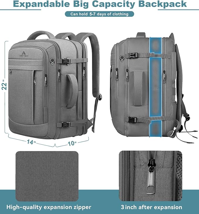 AREYTECO 60L Travel Laptop Backpack for Men, Extra Large Backpack, Big Capacity Carry On Backpack, 18-19 Inch Laptop Backpack Water Resistant Luggage Computer Daypack College Bag, Grey