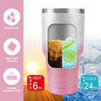 D·S 30 oz Tumbler Pink Glitter Gradient Cup Stainless Steel Double Wall Vacuum Insulated Mug with Straw and Lid, Cleaning Brush for Cold and Hot Beverages