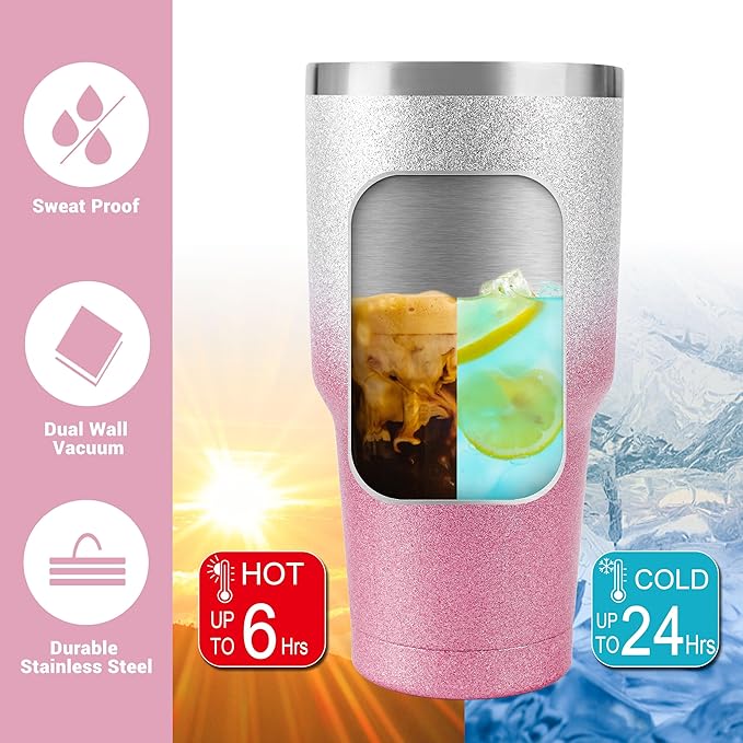 D·S 30 oz Tumbler Pink Glitter Gradient Cup Stainless Steel Double Wall Vacuum Insulated Mug with Straw and Lid, Cleaning Brush for Cold and Hot Beverages