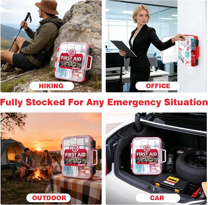 Gevoke 400 Piece First Aid Kit - Organized Dual-Layer Wall-Mountable Hard Case Medical Kit for Home, Car, Camping, Travel, Hiking, Truck, Office, Sports, Vehicle & Outdoor Emergencies