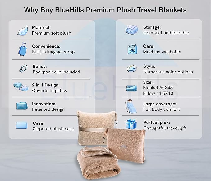 BlueHills Premium Soft Travel Blanket Pillow Airplane Blanket Packed in Soft Bag Pillowcase with Hand Luggage Belt Backpack Clip Compact Pack Large Portable Flight Throw Beige T005