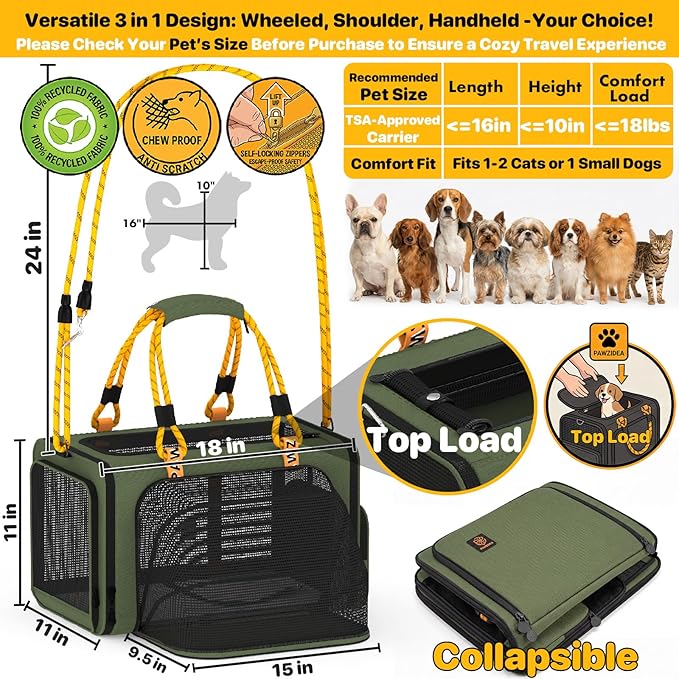 PAWZIDEA Expandable Pet Carrier Airline Approved, 18"×11"×11" Small Dog Carriers, Collapsible Top-Load Cat Carrier for 2 Cats Under Seat, Soft-Sided Puppy & Animal Travel Bag, ID Card, Up to 15lbs