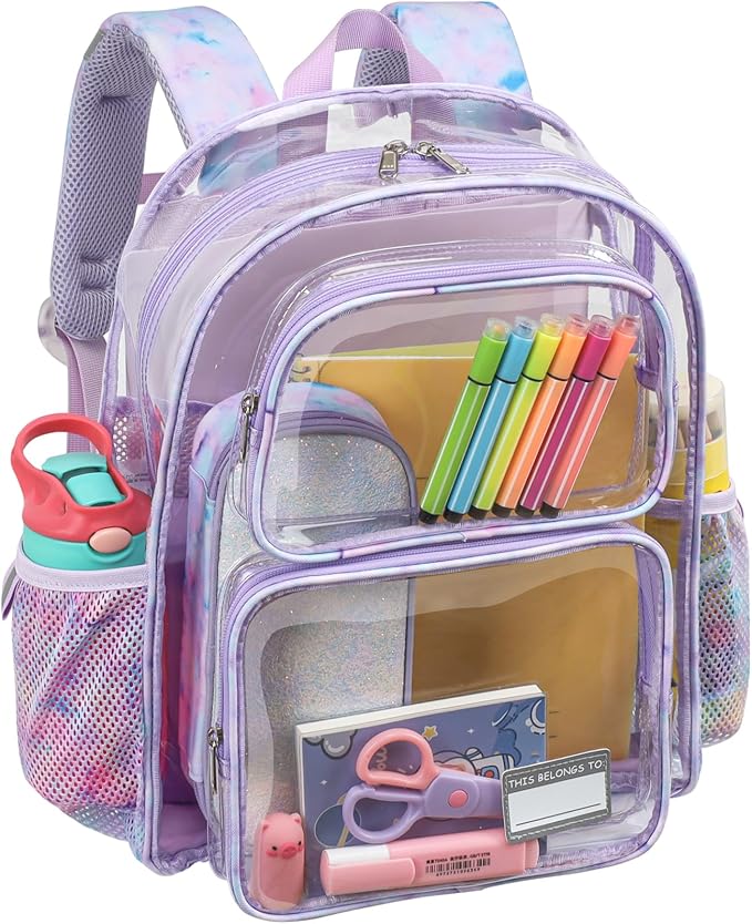 Bagseri Clear Backpack for Girls - 15 Inch Heavy Duty Kids Clear Bookbag for Kindergarten to Grade 2, Transparent School Bag with Reflective Strip, Fits Folders, Purple Tie-dye