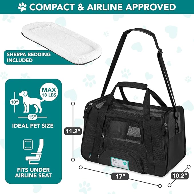PetAmi Airline Approved Pet Carrier for Cats & Small Dogs, Soft Sided TSA Travel Carrier Bag with Sherpa Bed, Breathable Mesh Ventilation, Collapsible Bowl, Fits Under Seat, Up to 18 lbs, Small Black