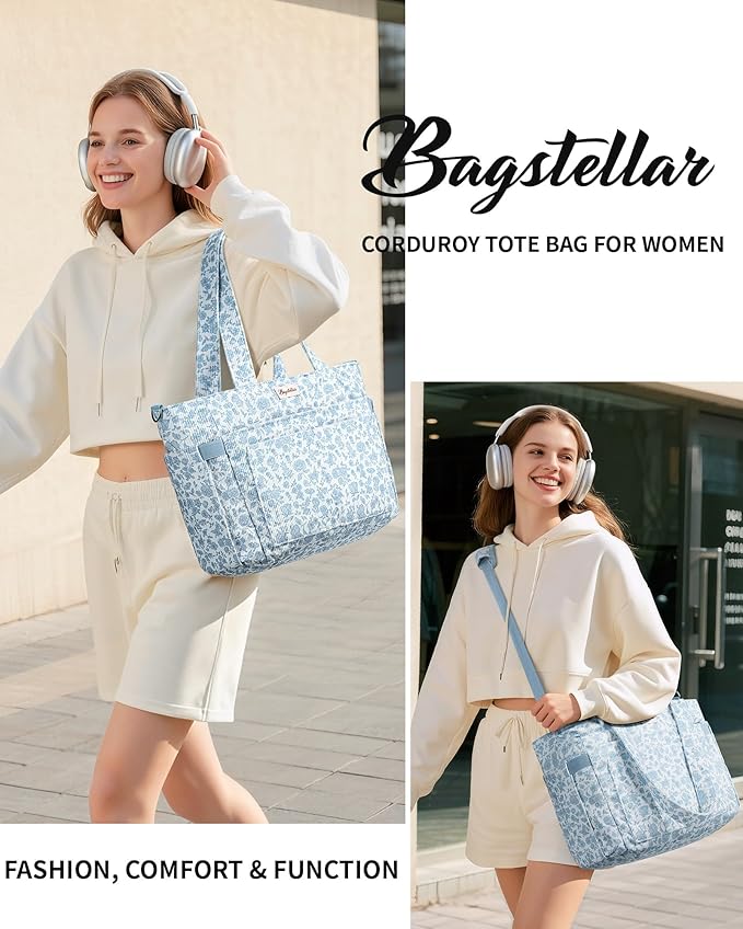 Bagstellar Corduroy Tote Bag for Women, 17 Pockets Laptop Work Tote Bag Lightweight Teacher Nurse Bible Bag for School Travel | with 40oz Cup Holder, Multi Compartment, Zipper Crossbody Bag, College Shoulder Bag, Daily Purse w/ Strap, Ideal Gift for Women