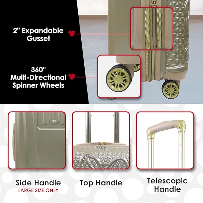 FUL Disney Minnie Mouse 3 Piece Rolling Luggage Set, Textured Hardshell Suitcase with Wheels Set, 22.5, 25 and 29 Inch, Taupe
