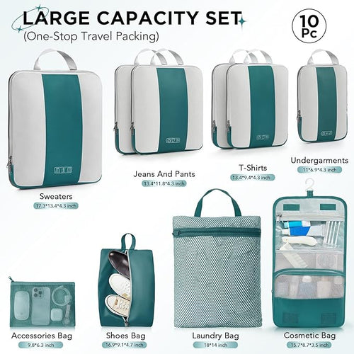 10 Set Compression Packing Cubes for Travel Essentials,Compressible Expandable Packing Cubes for Suitcase,OlarHike Luggage Organizer Bags,Handy Helper for Organizing Clothes(Dark Blue Green)