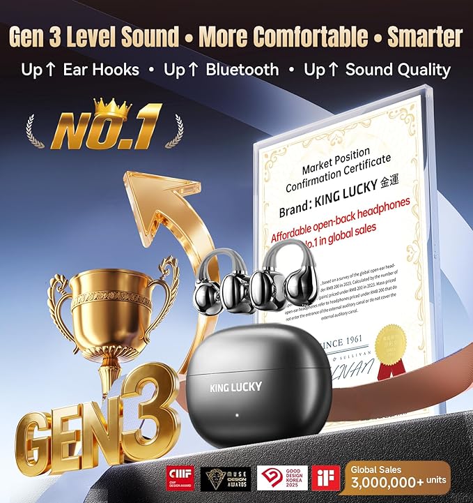 King Lucky Clip-On Earbuds Gen 3, Open-Ear Wireless Bluetooth 6.0 Headphones with Mic, Secure Fit for Small Ears & Glasses Wearers, 50H Playtime, ENC, IPX5 Waterproof Sport Ear Buds (Black)