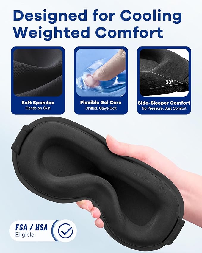 3D Weighted Cooling Gel Eye Mask for Sleeping, FSA Eligible Items HSA, 6oz Gel-Weighted Sleep Mask, 100% Blackout, Gentle Pressure & Cold Relief for Migraine, Ice Cold Mask for Travel Essentials