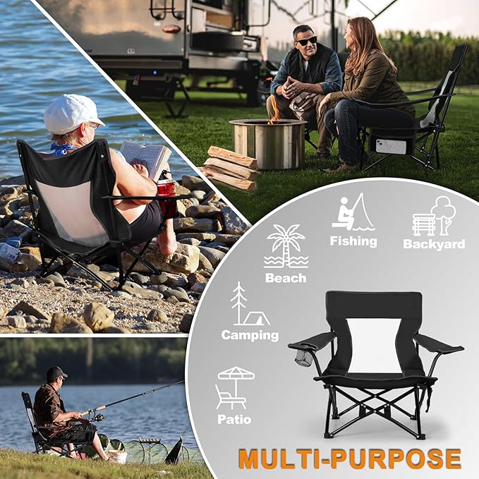 Joyfair Beach Camping Chair (2 Pack), Outdoor Folding Lawn Chair for Adults, Heavy Duty Portable Chair with Armrest for Outside Fishing, Sport, Patio, Cup Holder & Storage Pocket, Carry Bag (Black)