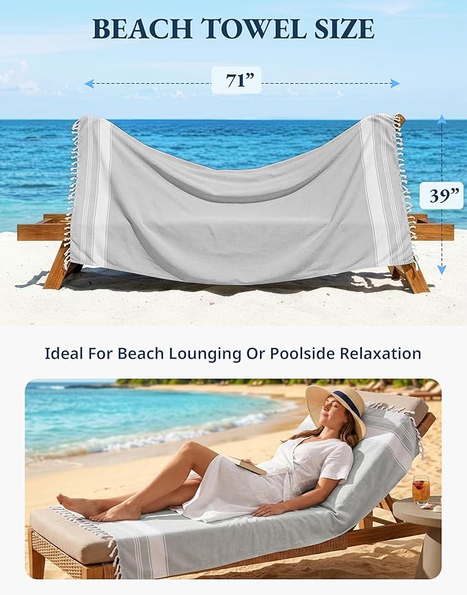 LANE LINEN Oversized Beach Towels 4 Pack – Pre-Washed, Extra Large, Quick Dry, No Sand, Absorbent Pool Towels for Adults, 39"x71", Grey