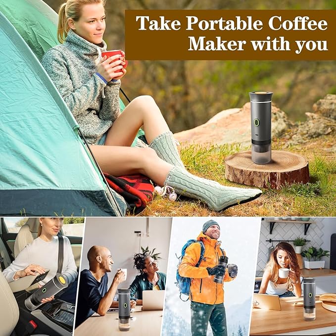 CAFFETTO - Portable 3-in-1 Coffee Maker (Capsule & Ground) - USB-C self-heating espresso machine - 20-bar pump pressure, 7500mAh battery - One-touch operation, detachable parts - Grey