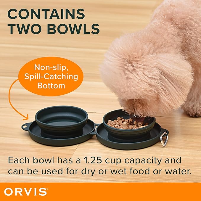 Orvis Pet Travel Collapsible Feeder with Food + Water Dish, 2-in-1, BPA Free, Food-Grade Silicone | Space-Saving Pet Travel Bowls, Nonslip Bottom + Carabiner Clip