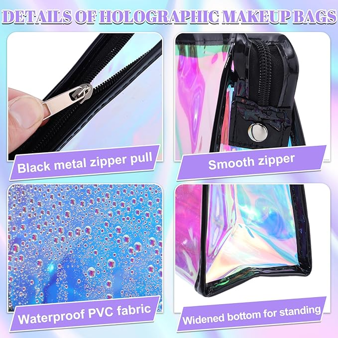 BESARME 10 Pcs Holographic Makeup Bags Bulk, Clear Portable Zippered Toiletry Bag Waterproof Cosmetic Bags SPA Bathroom Vacation Party Favors Bachelorette Gifts