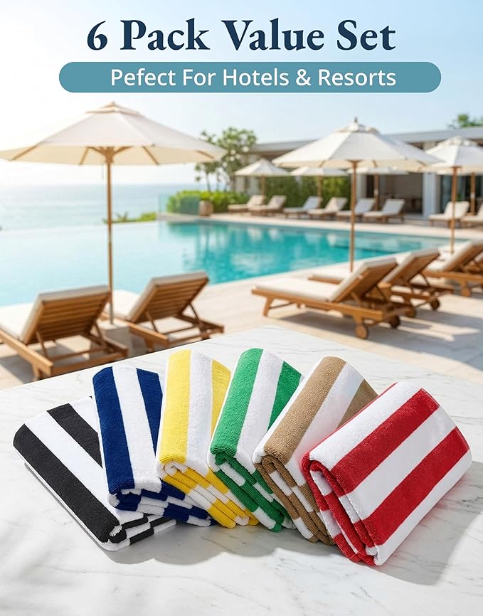 LANE LINEN Beach Towels 6 Pack - 520 GSM Beach Towel (30" x 60") – 100% Cotton Soft, Thick & Highly Absorbent Pool Towels for Hotel Airbnb Spa - Quick Dry Cabana Stripe Large Towel - Tropical Escape