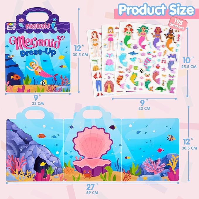 JOYIN 3 Sets Dress-Up Reusable Sticker Book for Toddlers, 3D Sticker Book for Kids 3 4 5, Travel Essentials, Airplane Activity Toys, Crafts Gifts, Birthday Gifts - Fashion, Mermaid, Princess