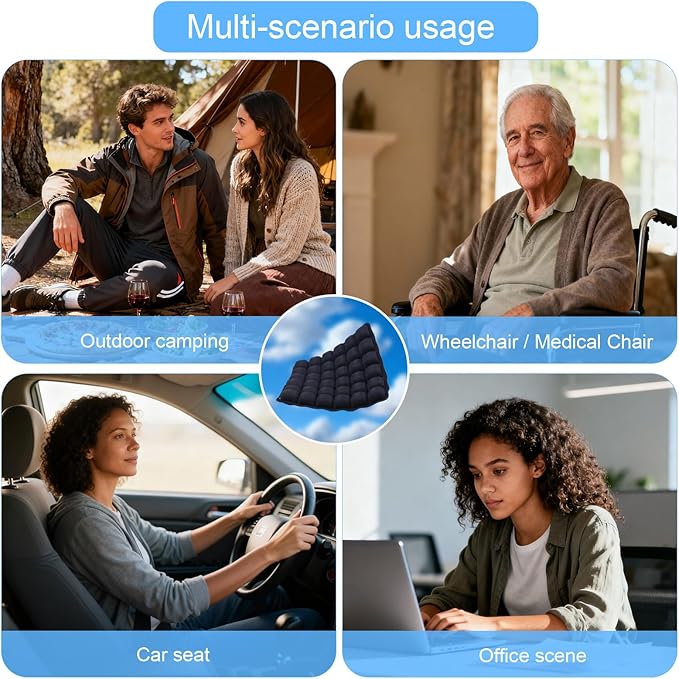 Portable Travel Airplane Seat Cushion, 3D Air Cell Tech with Built-in Pump, Adjustable Firmness Back & Tailbone Support, Ideal for Long Flights, Office, Car, Wheelchair,Great for Soccer Watching