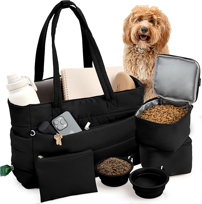 rubyloo Puffer Dog Travel Bag for Dog Moms – Doggy Diaper Bag with Pet Bowls & Food Storage or Everyday Puffy Tote – Doggy Mom Gifts for Women – Lightweight, Travel-Ready Gift for Pet Lovers - Black