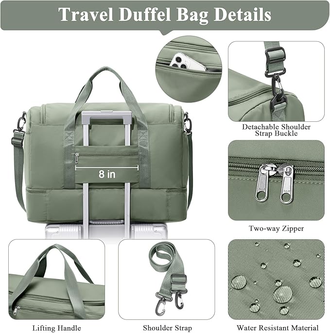 Travel Duffel Bag for Women, Carry-on Overnight Weekender Bags with Wet Pocket, For Spirit Airlines 18x14x8 Personal Item Bag,Small,Olive Green